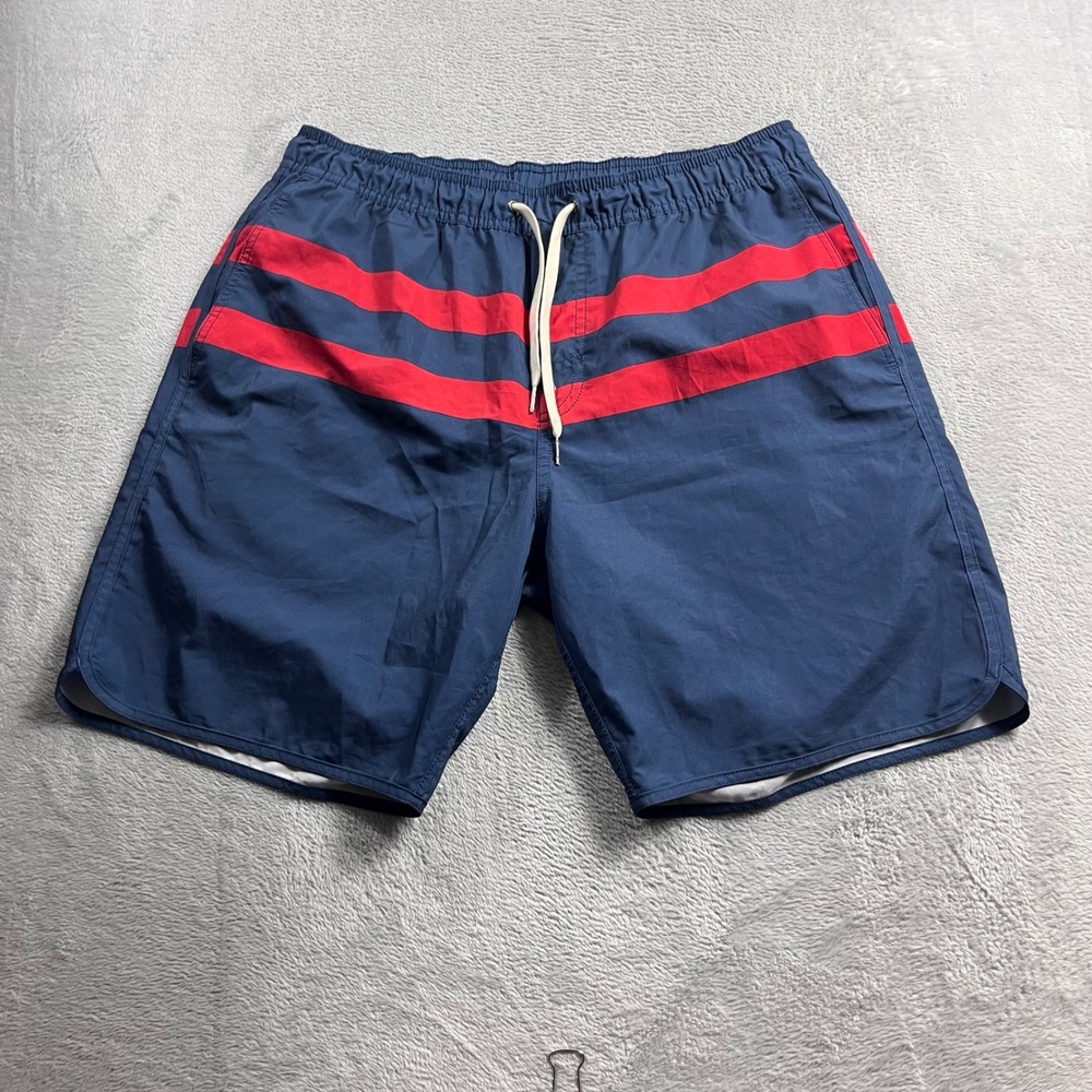 Fair Harbor Mens Navy Blue Red Striped Swim Shorts Board Trunks Size L